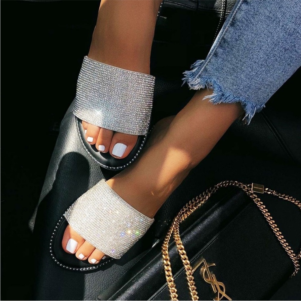 New In Box. Silver Rhinestone Slide Sandals